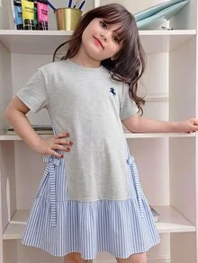 SHEIN Tween Girl Knight Print Striped Patchwork 2 In 1 Short Sleeve Dress - Light Grey - View 6