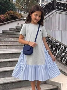 SHEIN Tween Girl Knight Print Striped Patchwork 2 In 1 Short Sleeve Dress - Light Grey - View 8