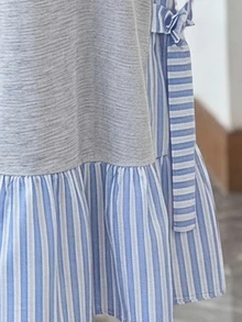 SHEIN Tween Girl Knight Print Striped Patchwork 2 In 1 Short Sleeve Dress - Light Grey - View 9
