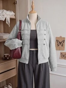 Comfortcana Sweatshirt Ukuran Besar Gaya Vintage Berkerah Tegak Gaya Kolese dengan Resleting Gaya Napoleon - Light Grey - View 7