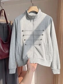 Comfortcana Sweatshirt Ukuran Besar Gaya Vintage Berkerah Tegak Gaya Kolese dengan Resleting Gaya Napoleon - Light Grey - View 5
