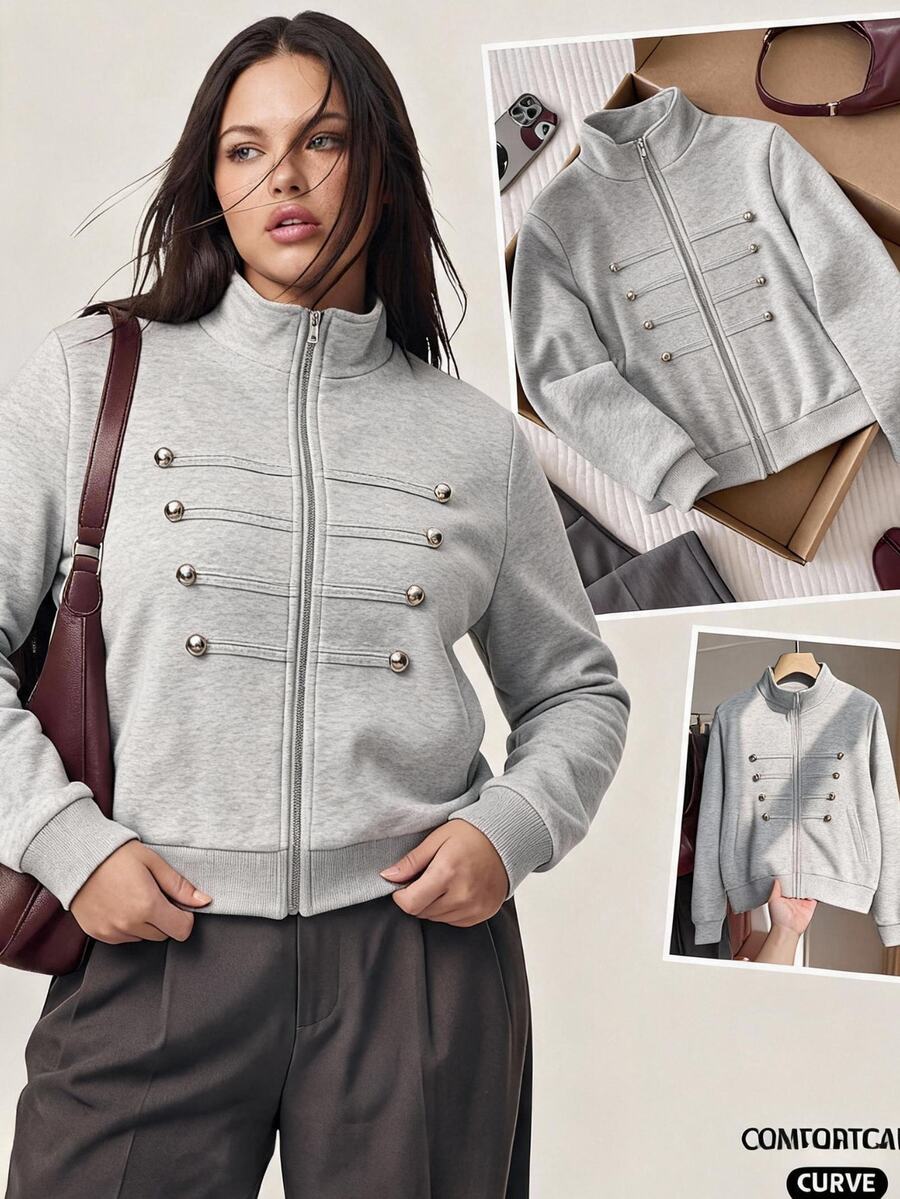 Comfortcana Sweatshirt Ukuran Besar Gaya Vintage Berkerah Tegak Gaya Kolese dengan Resleting Gaya Napoleon - Light Grey - View 1