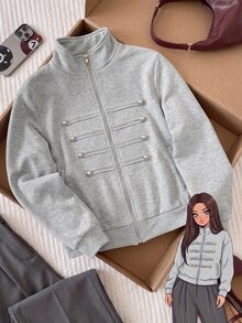 Comfortcana Sweatshirt Ukuran Besar Gaya Vintage Berkerah Tegak Gaya Kolese dengan Resleting Gaya Napoleon - Light Grey - View 12
