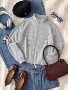Comfortcana Sweatshirt Ukuran Besar Gaya Vintage Berkerah Tegak Gaya Kolese dengan Resleting Gaya Napoleon - Light Grey - View 4