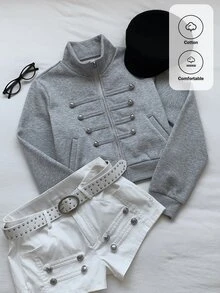 Comfortcana Sweatshirt Ukuran Besar Gaya Vintage Berkerah Tegak Gaya Kolese dengan Resleting Gaya Napoleon - Light Grey - View 14