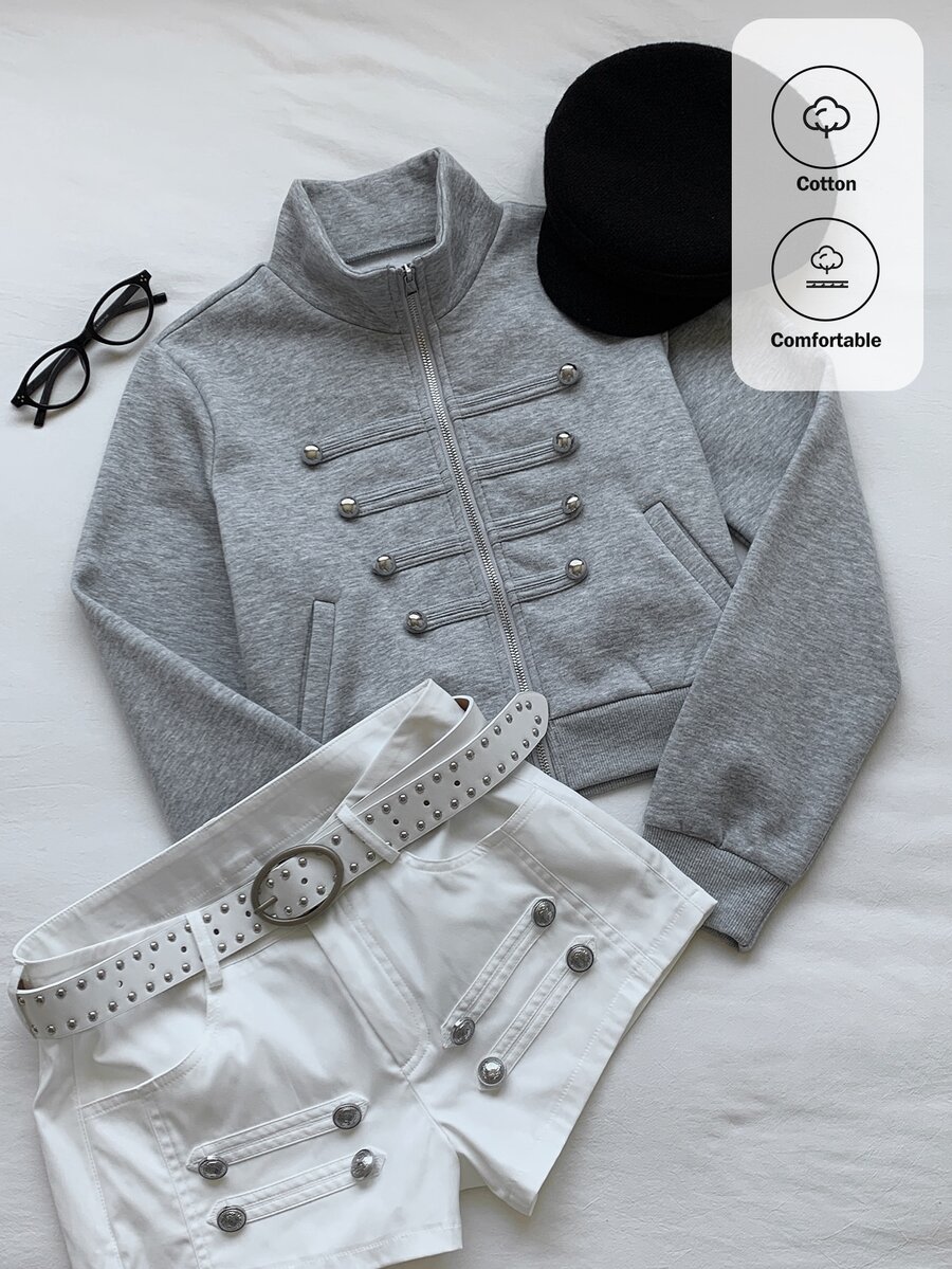 Comfortcana Plus Size Vintage Collegiate Stand Collar Napoleon Zipper Sweatshirt - Light Grey - View 1