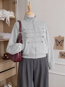 Comfortcana Sweatshirt Ukuran Besar Gaya Vintage Berkerah Tegak Gaya Kolese dengan Resleting Gaya Napoleon - Light Grey - View 8