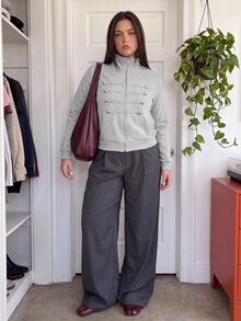 Comfortcana Sweatshirt Ukuran Besar Gaya Vintage Berkerah Tegak Gaya Kolese dengan Resleting Gaya Napoleon - Light Grey - View 9