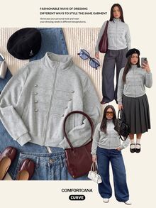 Comfortcana Sweatshirt Ukuran Besar Gaya Vintage Berkerah Tegak Gaya Kolese dengan Resleting Gaya Napoleon - Light Grey - View 11