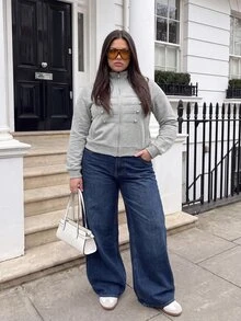 Comfortcana Sweatshirt Ukuran Besar Gaya Vintage Berkerah Tegak Gaya Kolese dengan Resleting Gaya Napoleon - Light Grey - View 3