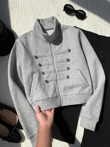 Comfortcana Sweatshirt Ukuran Besar Gaya Vintage Berkerah Tegak Gaya Kolese dengan Resleting Gaya Napoleon - Light Grey - View 15