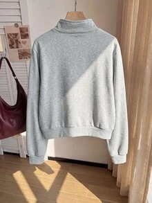 Comfortcana Sweatshirt Ukuran Besar Gaya Vintage Berkerah Tegak Gaya Kolese dengan Resleting Gaya Napoleon - Light Grey - View 2