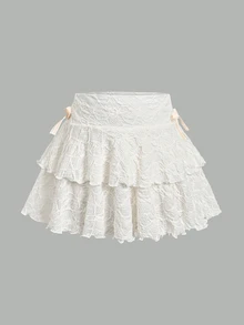 SHEIN Tween女孩休閒優雅米色蕾絲多層荷葉邊蝴蝶結裙，內含內褲，甜美可愛Y2K風格，適合日常穿著 - 白色 - 查看 2
