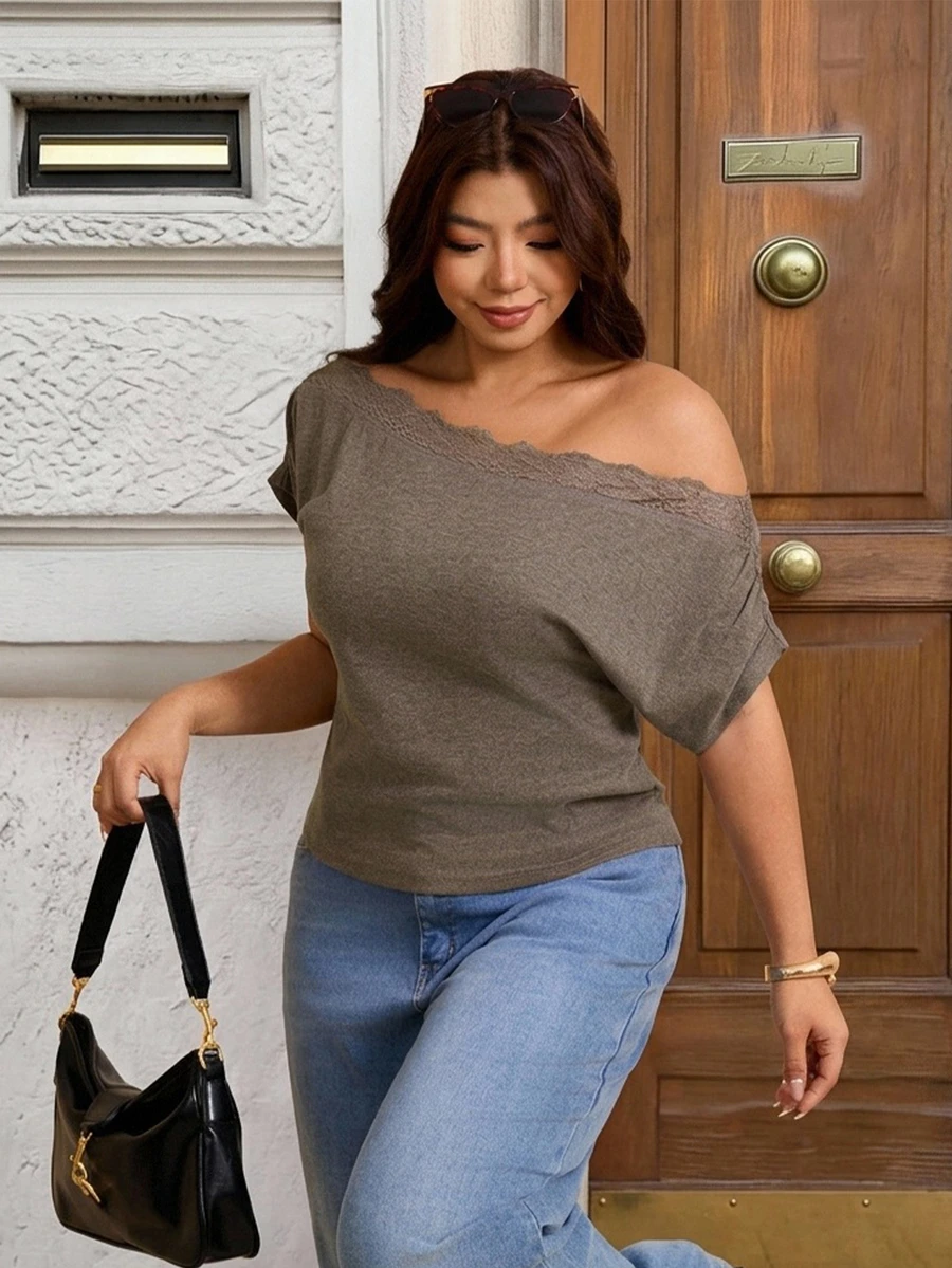 Elaquor Plus Size Summer Casual Lace Patchwork Asymmetric Collar T-Shirt - Camel - View 1