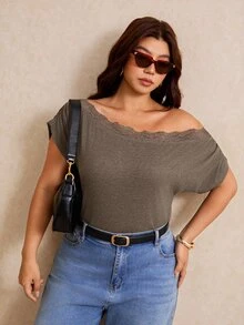Elaquor Plus Size Summer Casual Lace Patchwork Asymmetric Collar T-Shirt - Camel - View 3