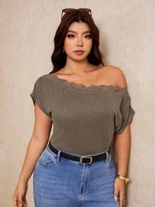 Elaquor Plus Size Summer Casual Lace Patchwork Asymmetric Collar T-Shirt - Camel - View 5