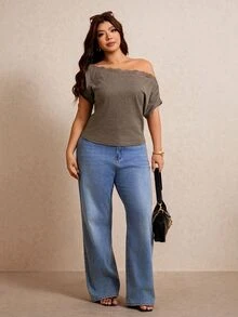 Elaquor Plus Size Summer Casual Lace Patchwork Asymmetric Collar T-Shirt - Camel - View 7
