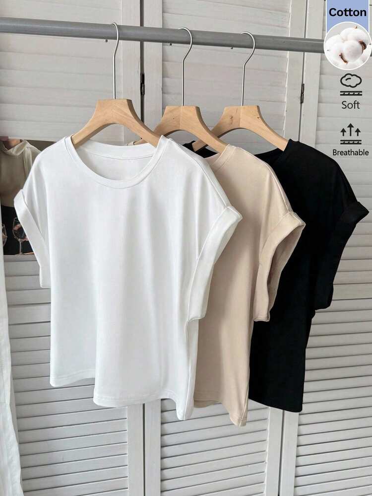 SHEIN LUNE Women's Casual Summer Blouses For 3-Piece Set, Commute Everyday School Daily Basic Going Out Short Sleeve T-Shirt Top White Beige Black - Multicolor - View 1