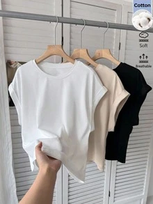 SHEIN LUNE 女款休閒夏季上衣 3 件套 通勤日常上學基礎外出旅行短袖 T-shirt 上衣 白色 棕色 黑色 - 彩色 - 查看 3