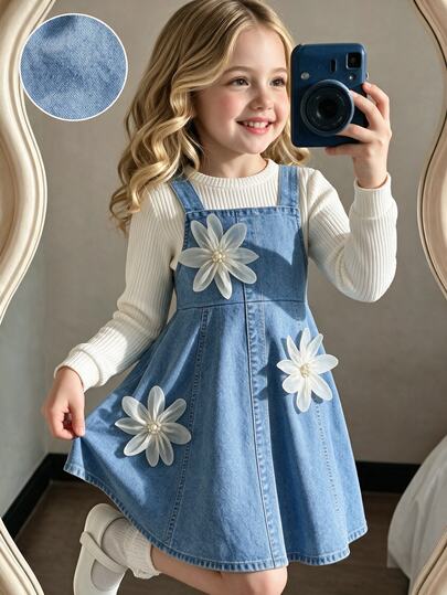 SHEIN Elladie kids Young Girls Knit Dress, Casual, Cute, Preppy, Vintage, Fall, Back To School, Outdoor, Sports, Daily, Comfortable, Outfit, Matching Set
