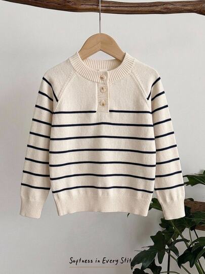 Young Boys Fall Striped Raglan Sleeve Pullover Sweater, Button Shoulder Long Sleeve Cozy Knit Top, Soft Autumn Winter Back To School Boys Clothes