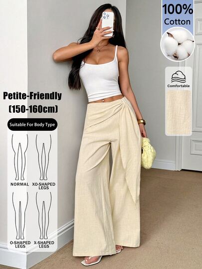 SHEIN PETITE New Women's 100% Cotton Woven Casual And Elegant Loose-Fit Pants-Cotton Pants