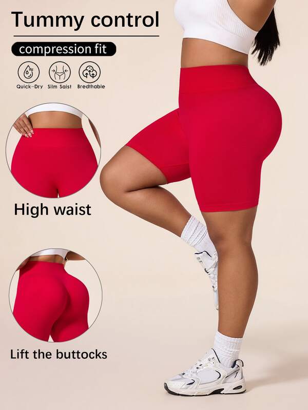 Rhythm Era Calções desportivos femininos sem costuras de alta elasticidade, tamanho grande, casuais para uso diário, viagens e ginásio, vermelho e branco, verão