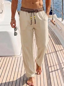 Maristyn Men's Casual Tropical Breezy Drawstring Waist Pocket Long Pants For Vacation And Daily Wear Beach Vacation Beige Autumn - Khaki - View 3