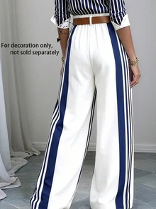 Elenzga Plus Size Casual Colorblock Striped Wide Leg Pants Fall - Multicolor - View 2