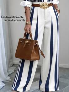 Elenzga Plus Size Casual Colorblock Striped Wide Leg Pants Fall - Multicolor - View 3