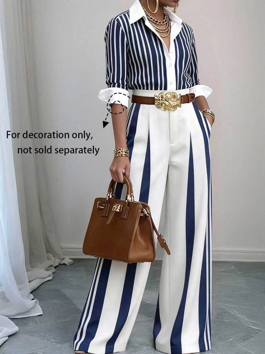 Elenzga Plus Size Casual Colorblock Striped Wide Leg Pants Fall - Multicolor - View 1
