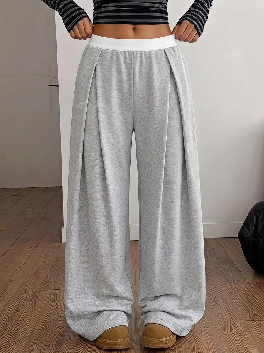 SHEIN Sparklyn 大女孩休閒拼色腰帶寬腿運動長褲，秋冬款 - 灰色 - 查看 1
