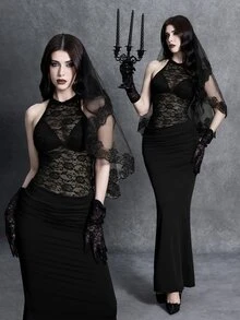 Glisette Women's Lace Patchwork Bodycon Dress, Sexy Goth Sheer Backless Long Party Night Club Night Out Gown Halloween Black Floral Summer - Black - View 1