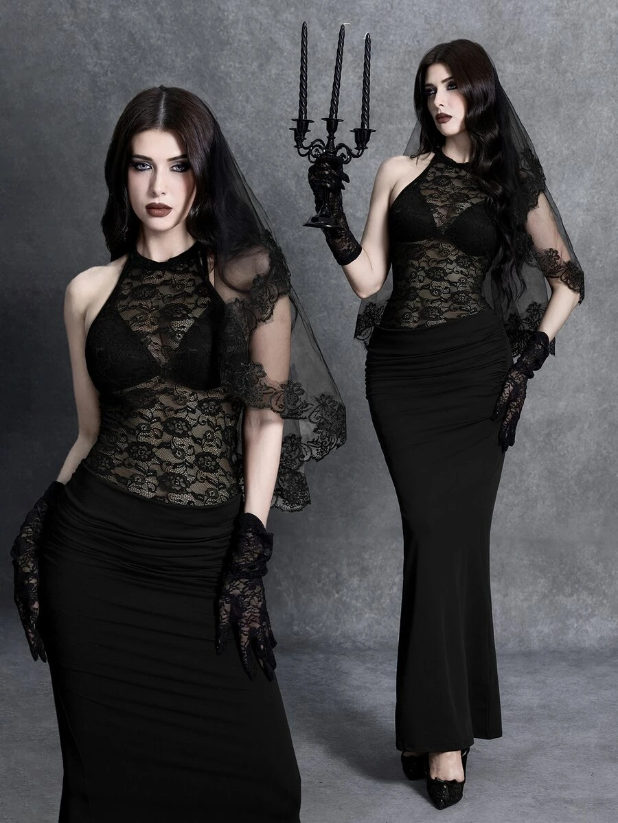 Glisette Women's Lace Patchwork Bodycon Dress, Sexy Goth Sheer Backless Long Party Night Club Night Out Gown Halloween Black Floral Summer - Black - View 1