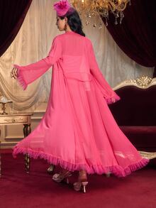 PinupPomp European And American Spring/Summer 3D Floral Sexy Camisole Nightgown Can Be Worn Outerwear + Mesh Splice Ruffle Tie Waist Robe Sleepwear - Hot Pink - View 3