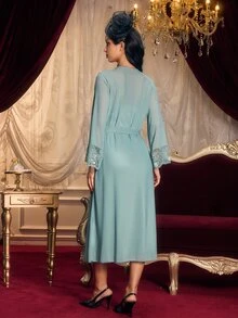 PinupPomp Set Pakaian Tidur Wanita Jubah Renda Satin Elegan - Mint Blue - View 3