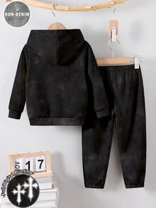 秋季男士舒適街頭風復古十字印花圖案基礎嘻哈風連帽衫與運動長褲套裝 - 彩色 - 查看 2