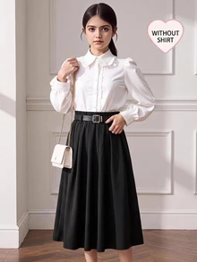 Girlism 青少年女孩春/秋季新款休閒校園風裝飾腰帶高腰長款百褶A字裙，黑色純色，開學季、畢業季，口袋設計，適合休閒百搭校園穿搭 - 黑色 - 查看 3