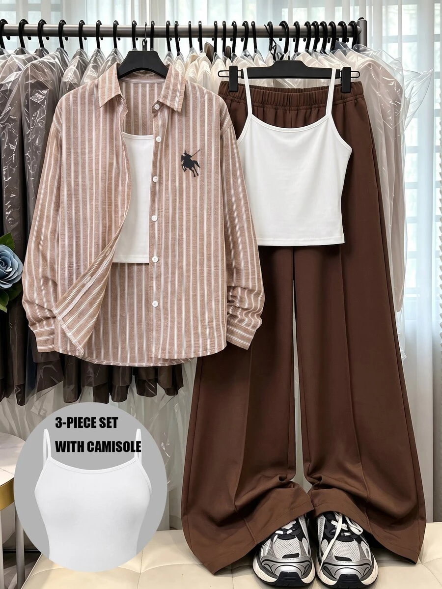 SHEIN 3件組青少年女孩上衣套裝,長袖襯衫、白色細肩帶背心上衣與寬鬆寬腿褲,適合日常、通勤與度假 - 彩色 - 查看 1