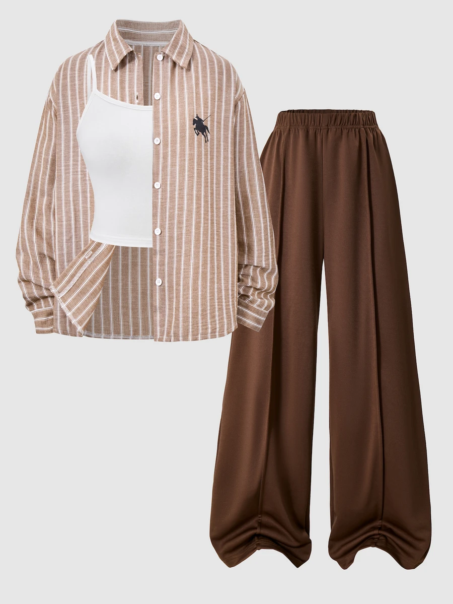 SHEIN 3pcs/Set Teen Girls Shirt Set, Long Sleeve Shirt, White Camisole Top And Loose Wide Leg Pants, Suitable For Daily, Commute And Vacation - Multicolor - View 1