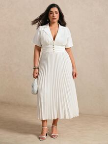 SHEIN Clasi CURVE Women's Plus Size Pleated Waist Button-Up Spring/Summer Dress Wedding Allover White Elegant - White - View 4