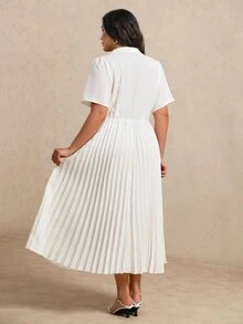 SHEIN Clasi CURVE Women's Plus Size Pleated Waist Button-Up Spring/Summer Dress Wedding Allover White Elegant - White - View 3