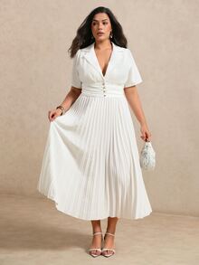 SHEIN Clasi CURVE Women's Plus Size Pleated Waist Button-Up Spring/Summer Dress Wedding Allover White Elegant - White - View 5
