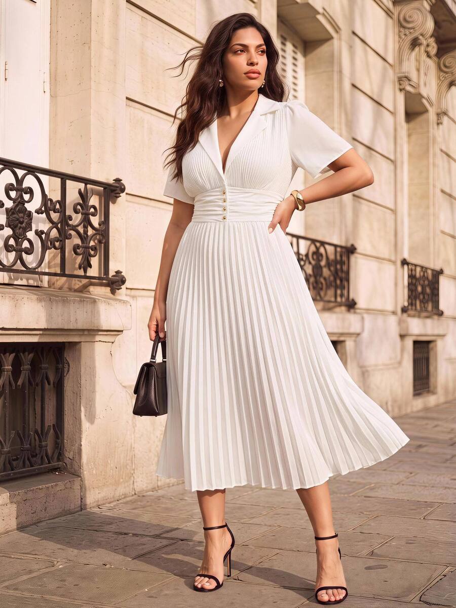 SHEIN Clasi CURVE 女款大尺碼百褶腰開襟春夏季婚禮洋裝 全身白色優雅款