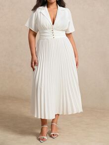 SHEIN Clasi CURVE Women's Plus Size Pleated Waist Button-Up Spring/Summer Dress Wedding Allover White Elegant - White - View 6