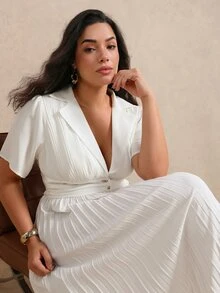 SHEIN Clasi CURVE Women's Plus Size Pleated Waist Button-Up Spring/Summer Dress Wedding Allover White Elegant - White - View 8