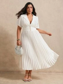 SHEIN Clasi CURVE Women's Plus Size Pleated Waist Button-Up Spring/Summer Dress Wedding Allover White Elegant - White - View 2