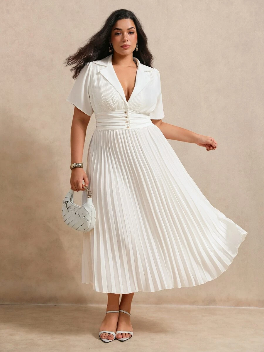 SHEIN Clasi CURVE Women's Plus Size Pleated Waist Button-Up Spring/Summer Dress Wedding Allover White Elegant