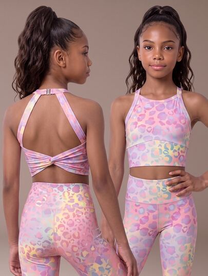 SHEIN Bộ trang phục đi học mùa thu đông cho bé gái tuổi teen, áo ngực thể thao cổ yếm cao họa tiết da báo màu sắc, áo crop top múa lưng xoắn hở lưng co giãn cao