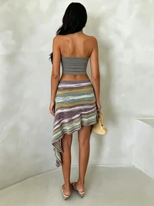Allurite Women's Colorblock Casual Tropical Boho Tropical Tropical Versatile Daily Knit Mini Skirt Beach Vacation Vacation Vacation Purple And White Summer - Multicolor - View 3